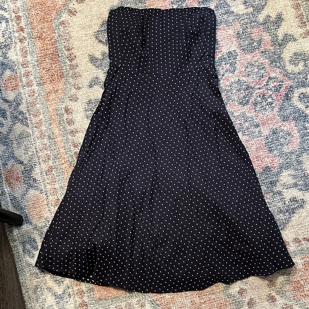 J. Crew Strapless Navy and White Swiss Dot Cotton Dress